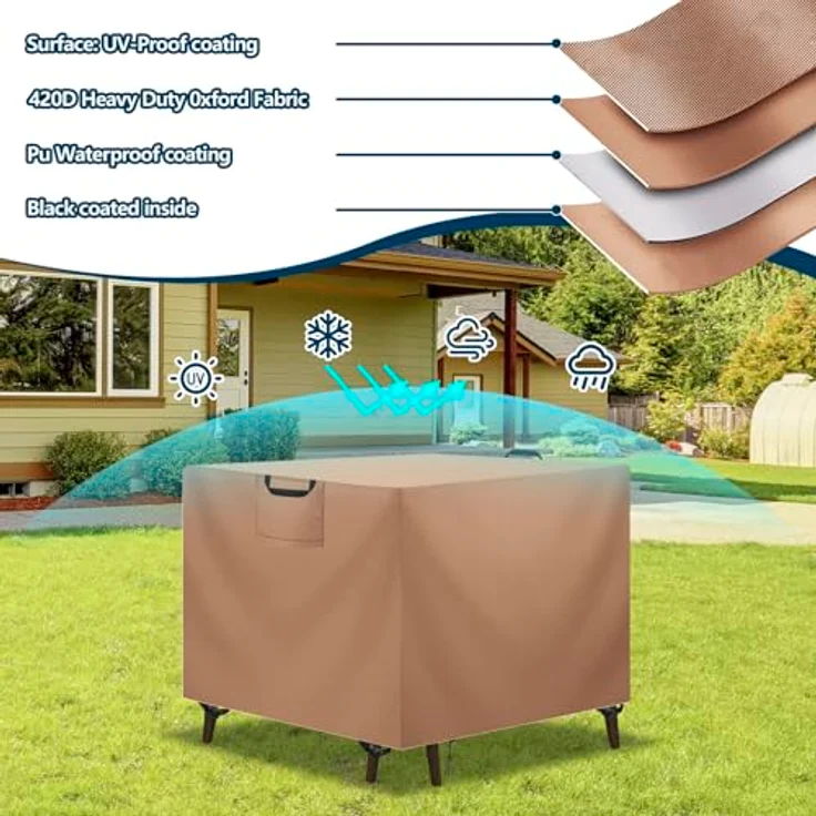 Aujink Abdeckung Gartenmöbel Winterfest, Wasserdichte Schutzhülle Gartenmöbel 420D Oxford Anti-UV Abdeckplane für Gartentische Terrassenmöbel Regenschutz und Staubfest Abdeckhaube Khaki 90 x 90 x 90 cm – Bild 6