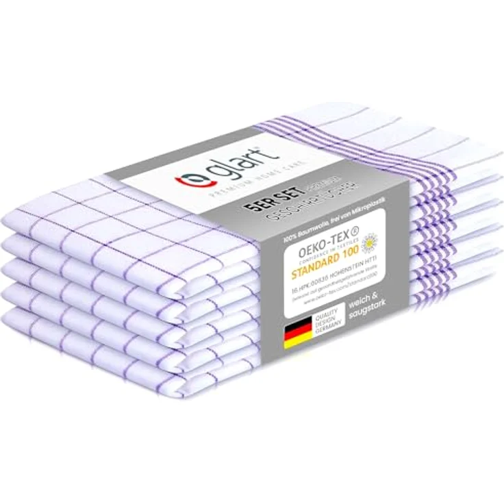 Glart 48KV1 Geschirrtücher Set – 5 Stück à 50x70 cm – 100 % Baumwolle – 300 GSM – Oeko-TEX Zertifiziert – Lila kariert – Küchenhandtücher spülmaschinenfest – Bild 1