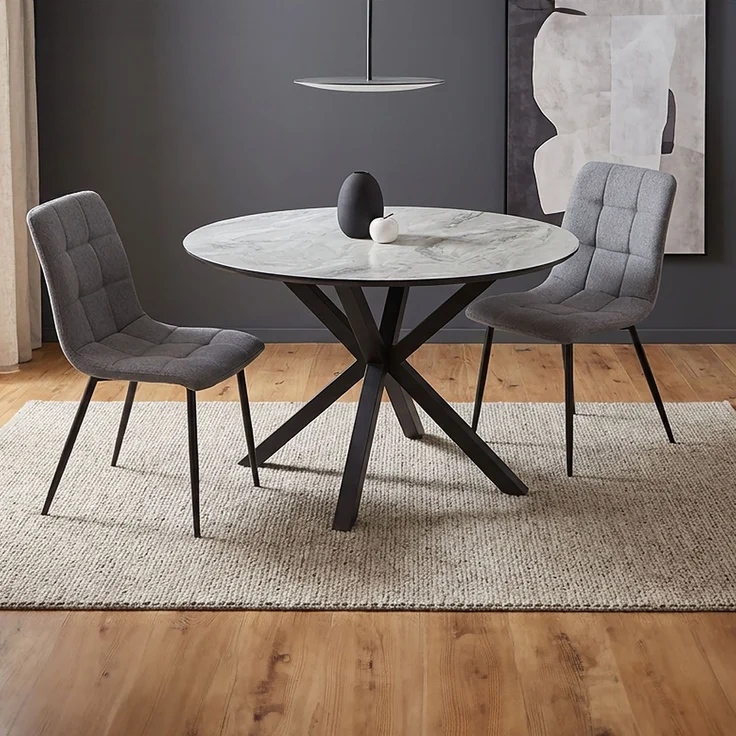 Esstisch mit 2 Stühlen Set Essgruppe Polsterstühle Leinen Grau Esszimmertisch Rund Ø 110 cm Modern Metall Schwarz – Bild 8