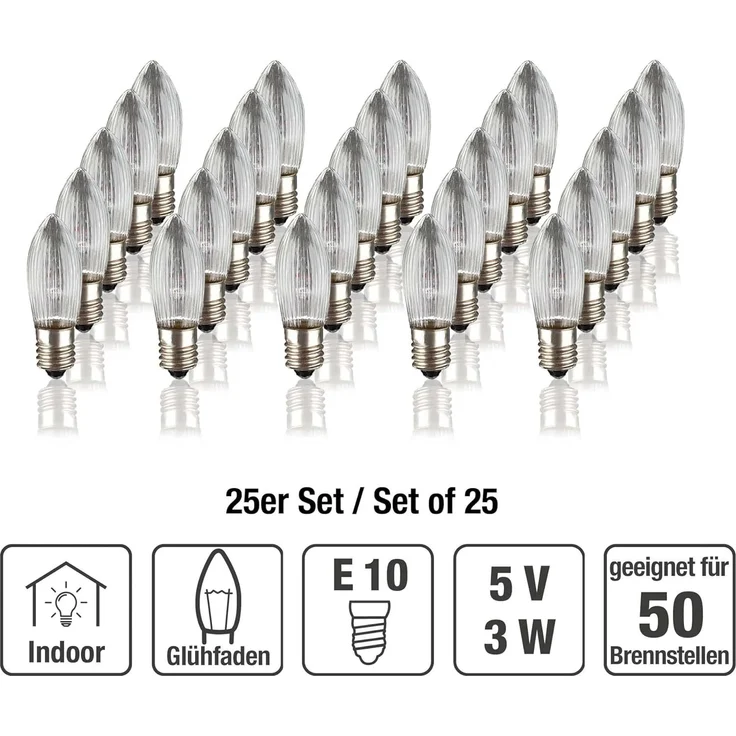 hellum Ersatz-Kerzen für Schwibbogen, 25 Stück 5V 3W Riffelkerze für Weihnachtsbaum Kerzen Lichterketten innen mit 50 Brennstellen, Birnen für Lichterbogen E10/ 5V/ 3W/ 22 Lumen 910117 – Bild 2