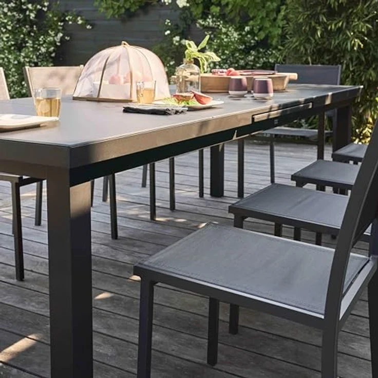 Oviala Ausziehbarer Gartentisch, Rechteckig, Grau, Metall, 100x76x320 cm, Platz für 8-12 Personen, Wetterfest und Pflegeleicht – Bild 6