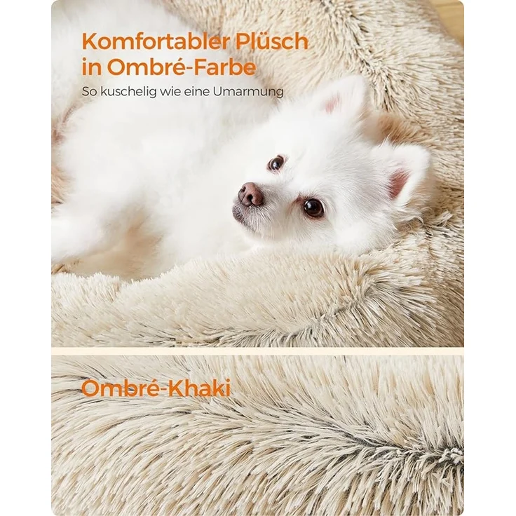 Feandrea Hundebett flauschig, Katzenbett, Donut Kissen, waschbar, Polsterung in der Mitte herausnehmbar, langer Plüsch, 50 cm Durchmesser, Ombré-Khaki – Bild 4