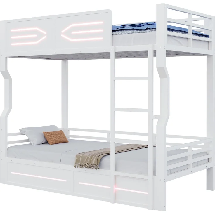 ZUBALIYA Etagenbett 90 × 200 cm, Metall, LED-Beleuchtung, Weiß – Bild 5