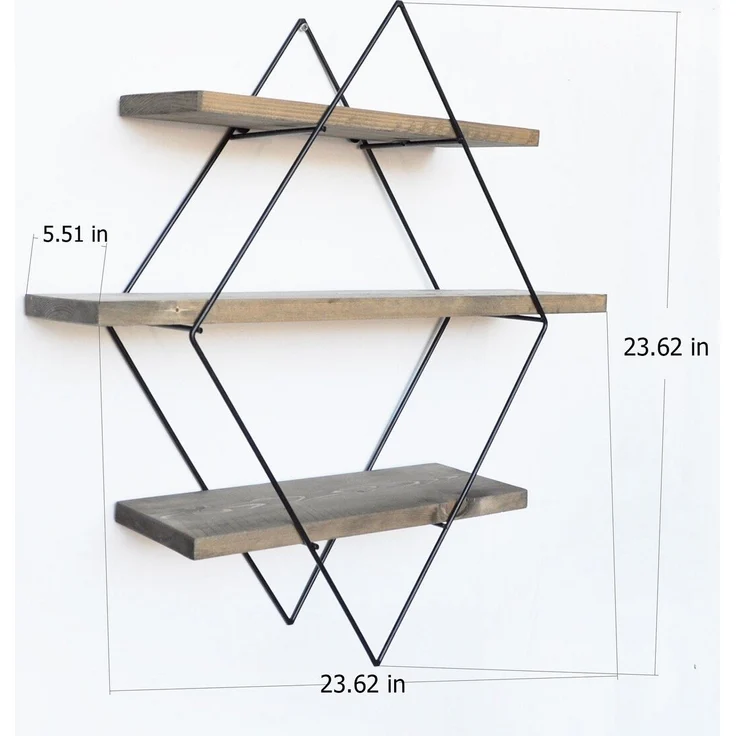 Calicosy Rautenförmiges Wandregal aus schwarzem Metall und Massivholz L60 cm - Holz – Bild 5