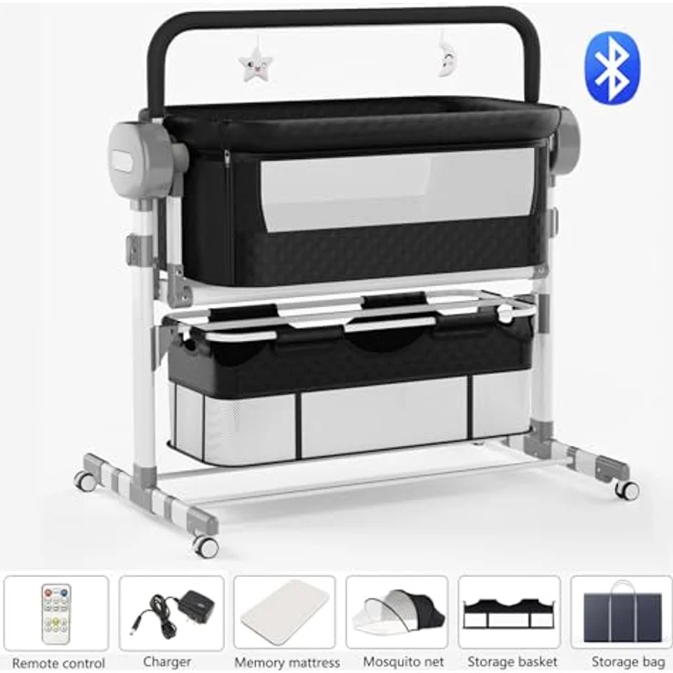 Magic ZC Elektrische Bluetooth Intelligent Beistellbett Baby mit Rollen, Convertible Faltbar Co-Sleeping Babybett, Fernbedienung, 5-schwankende Zahnräder, Stubenwagen Wiege mit Musik (608 Black) – Bild 3