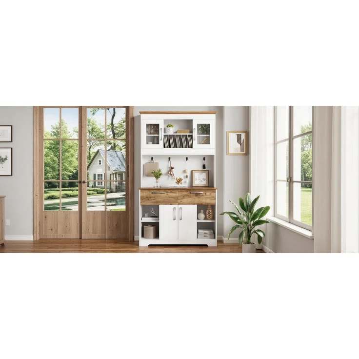 Großer Küchenbuffet Schrank mit Stauraum, Küchenschrank mit Vitrinenfächern, 2 Schubladen, Türen und Hakenleiste – Moderner Buffetschrank für Küche, Esszimmer & Flur, 106 × 39 × 176,5 cm--Natur, Weiß--106x39x176.5cm--YOUDENOVA – Bild 8
