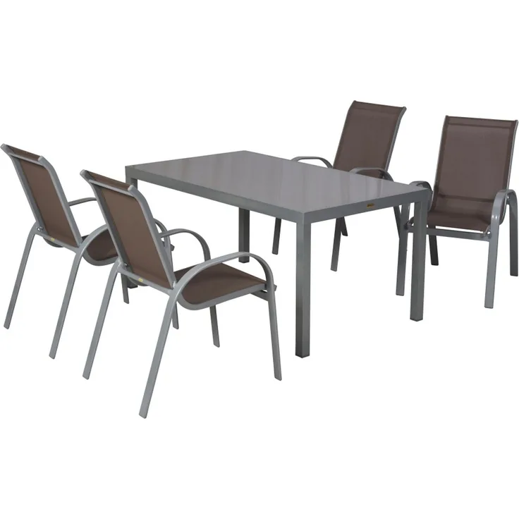 Amalfi Gartenmöbel Set 5tlg, 4 Stapelsessel, Tisch 150 x 90 cm, taupe, Aluminium/Textil