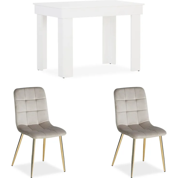 Esstisch mit 2 Stühlen Set Essgruppe Samt Polsterstühle Creme Küchentisch Modern Holz Natur 80x80 cm Esszimmertisch Massiv