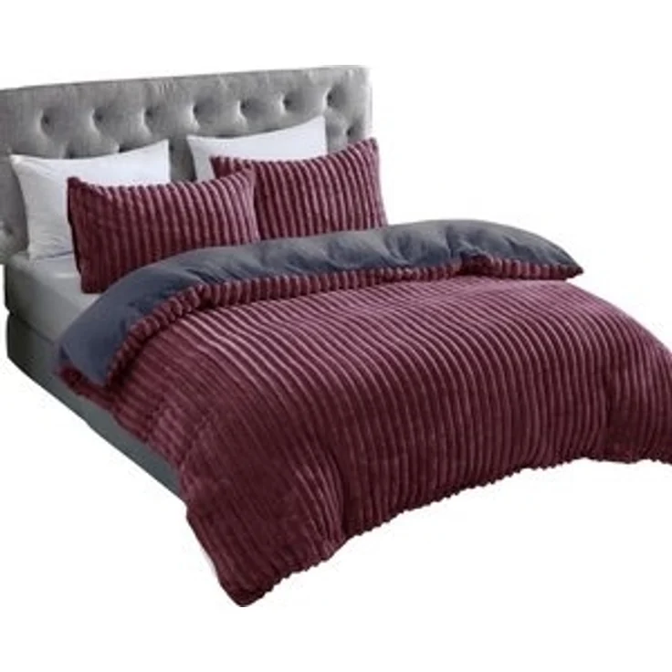 Plüsch Bettwäsche in Cord-Optik Wendebettwäsche mit Reißverschluss Anthrazit-Bordeaux 200x220 cm – Bild 6