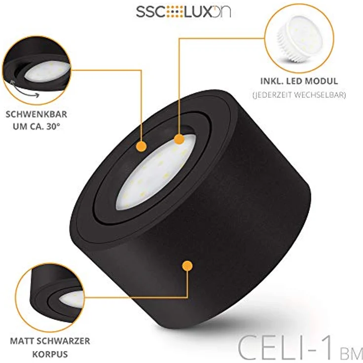 SSC-LUXon CELI-1BM, flache LED Deckenleuchte Aufputz rund mit tauschbarem LED Modul 4W neutralweiß, schwarz pulverbeschichtet – Bild 4