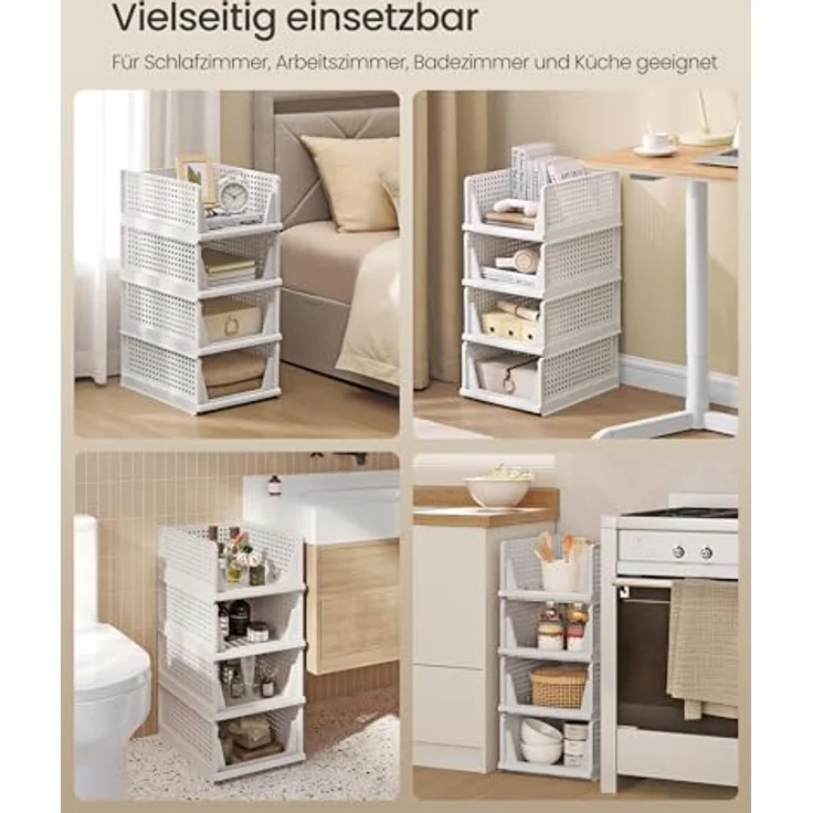 SONGMICS Schrank-Organizer klappbar, Kleiderschrank-Organizer stapelbar, ausziehbarer Korb 4er Set, Aufbewahrung und Organisation, Kunststoff, Schlafzimmer, Büro, Badezimmer, weiß LPC400WZ01 – Bild 6