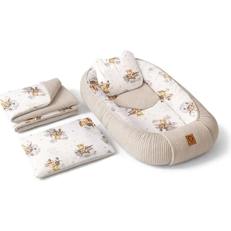 Babynest Nestchen Baby Set für Neugeborene – 5-teilig – Kuschelnest aus 100% Baumwolle & Waffelpique – Babykokon tragbar – für Babybett, Kinderbett & Kinderwagen – OEKO-TEX - Flugzeuge und Sand