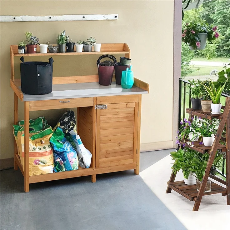 Yaheetech Pflanztisch mit Schubladen & Unterschrank, Blumentisch Gärtnertisch mit verzinkter Arbeitsplatte, wetterfest, 101 x 46 x 125 cm, Holzfarbe – Bild 2