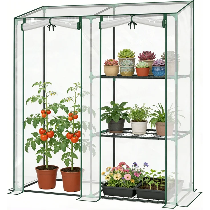 Wohnora-Gartengewächshaus mit 3 Regalböden, kleines Gewächshaus aus PVC-Plane und Stahlrahmen, 2 Rolltüren, transparent,H 1510cm x T 750cm x B 450cm,Transparent – Bild 3