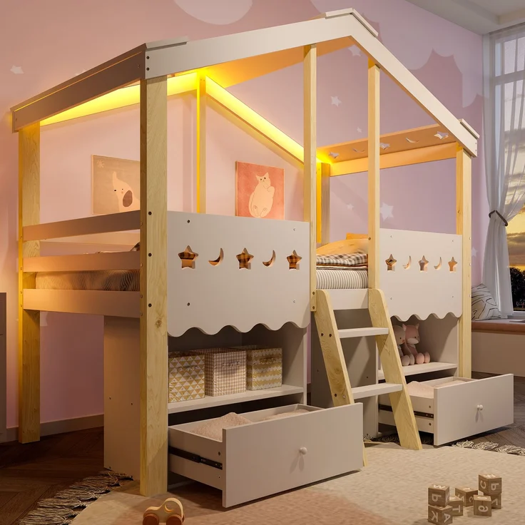 Kinderbett 90x200 cm Hausform Weiß + Natur, Hochbett für Kinderzimmer mit LED-Beleuchtung, 2 Schubladen, Stauraum, Leiter – Bild 1
