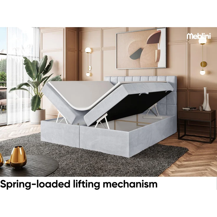 MEBLINI Boxspringbett LUKAS 180x200 cm mit Bettkasten - H3/Hellgrau Samt Polsterbett - Doppelbett mit Topper & Taschenfederkern-Matratze – Bild 2