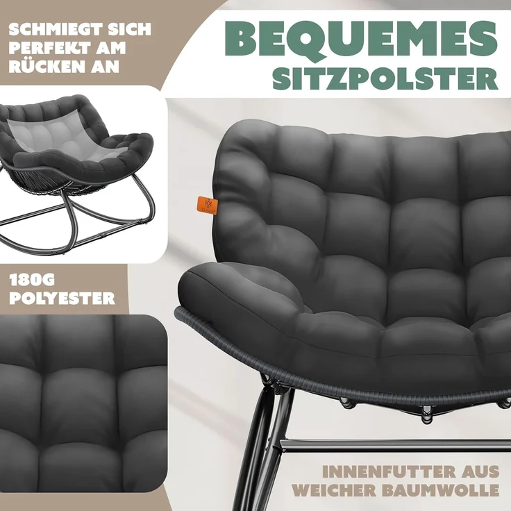KESSER® Schaukelstuhl für drinnen & draußen ergonomischer Schaukelsessel | maximale Belastung von 120kg Relaxsessel mit Rutschfesten Füßen, Witterungsbeständig | Ideal für Balkon, Garten & Wohnzimmer Anthrazit, XXL Chillexer Pro – Bild 4