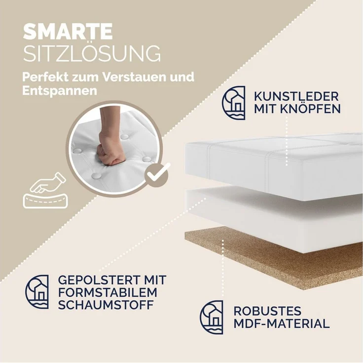 Sitztruhe faltbar Aufbewahrungsbox Truhenbank Sitzbank Sitzhocker Truhe Bank L - Weiß – Bild 3
