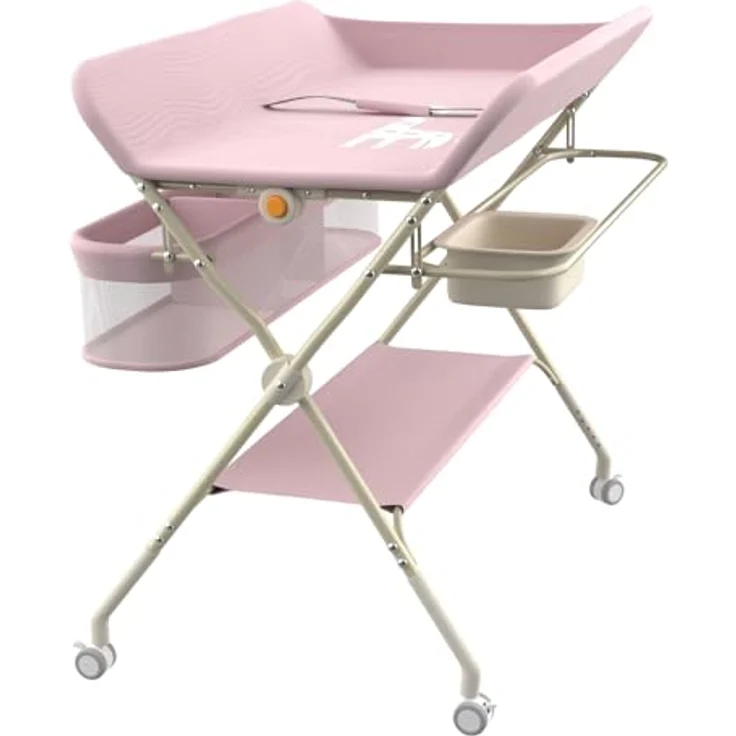 Wickeltisch, zusammenklappbar, mit Aufbewahrungskorb, Struktur aus Eisen, max. Belastung 25 kg, für Neugeborene, ergonomisches Design, Wickeltisch, 75 x 68 x 83–91 cm (A) Rosa – Bild 7
