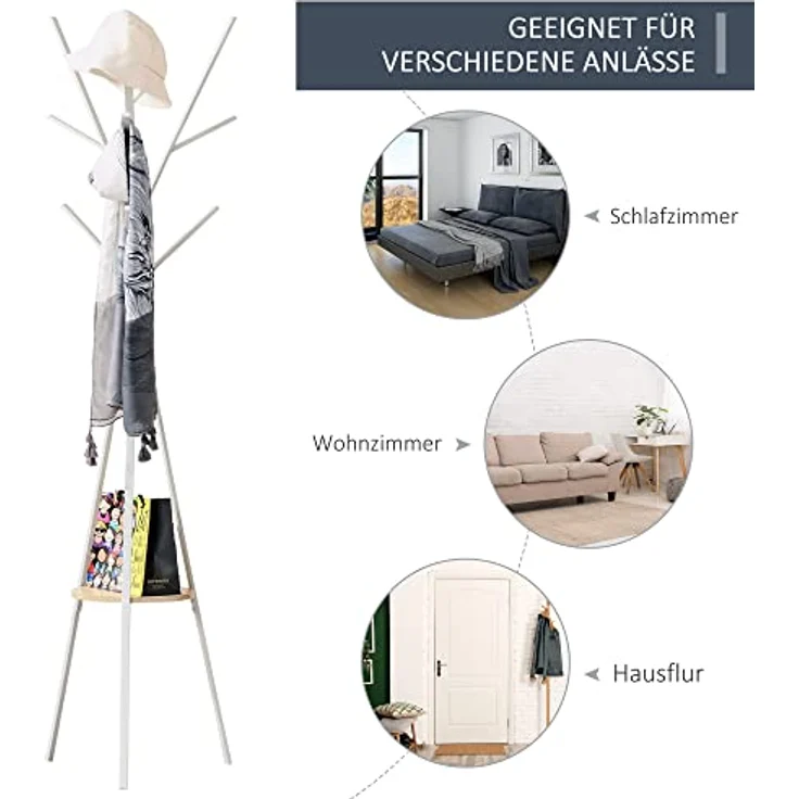 HOMCOM Garderobenständer Kleiderständer mit 8 Hake, (Garderobe mit Ablage, 1 St, Kleidungsständer), Metall, Weiß, 45 x 45 x 180 cm – Bild 6