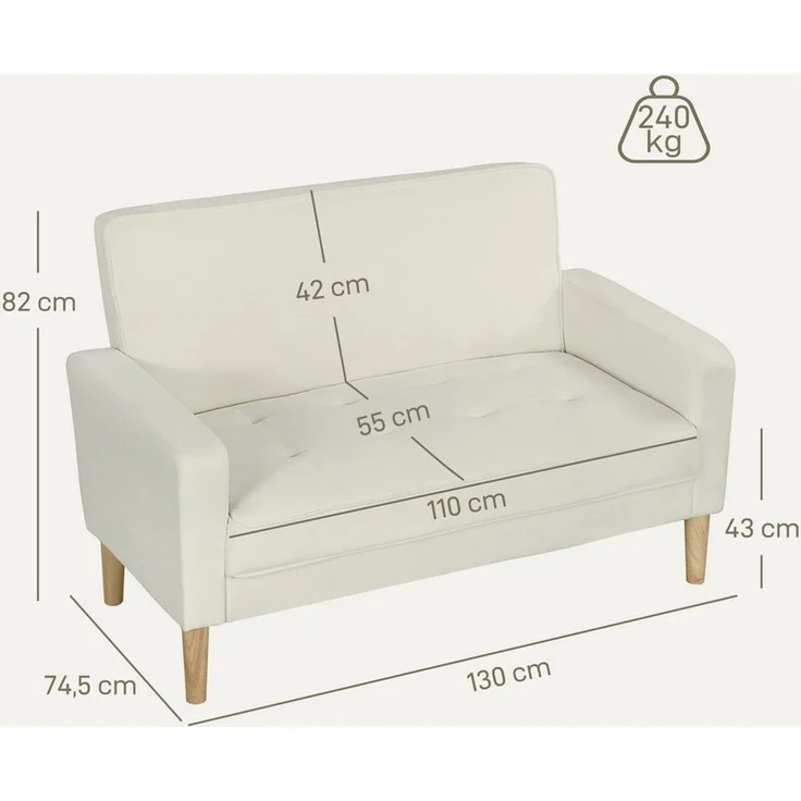 HOMCOM 2-Sitzer Sofa 130 cm Kleine Couch Polstersofa mit Armlehne, Samtoptik, Loungesofa 1 Teile, für Wohnzimmer, Schlafzimmer, Kleinen Raum, Cremeweiß – Bild 2