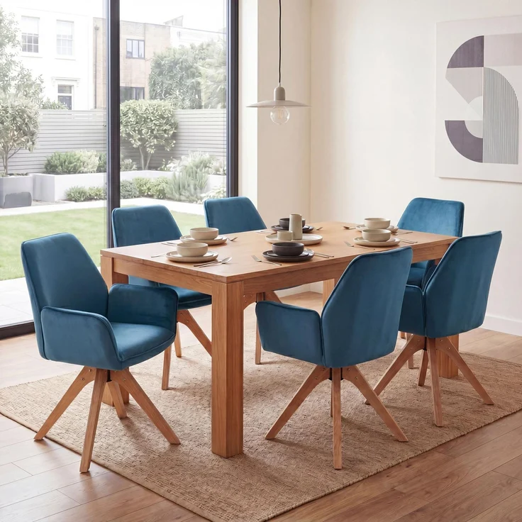 6er-Set Esszimmerstuhl HWC-G67, Esstischstuhl Küchenstuhl mit Armlehne, drehbar Holz Samt 320 g/m² MVG ~ türkis-blau – Bild 1