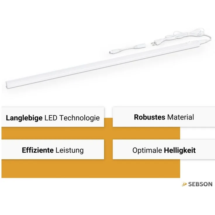 SEBSON Aufbauleuchte LED Unterbauleuchte 60cm neutralweiß, Lichtleiste Stecker & Schalter, Neutralweiß 4000K, Leistung 9W, Helligkeit 1400lm, Betrieb 230V, Maße 570x30x22mm