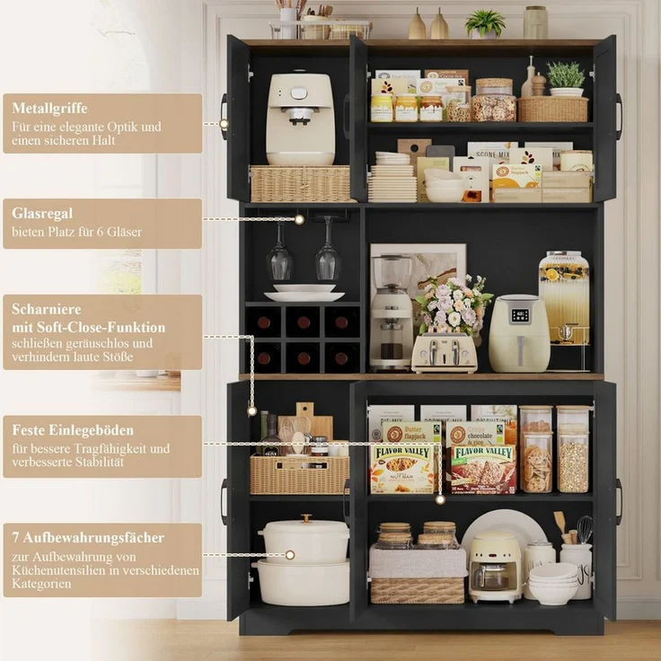 HOMECHO Küchenbuffet Küchenschrank mit Arbeitsplatte Buffetschrank mit 6 Türen Flaschenhalter und Glashalter 180 x 106 x 37 cm – Bild 3