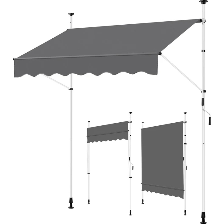 Yaheetech Klemmmarkise 200cm Breit Balkonmarkise mit Handkurbel Sonnenschutz ohne Bohren Sonnenmarkise höhenverstellbar Markise mit Gestell wasserdicht, Dunkelgrau