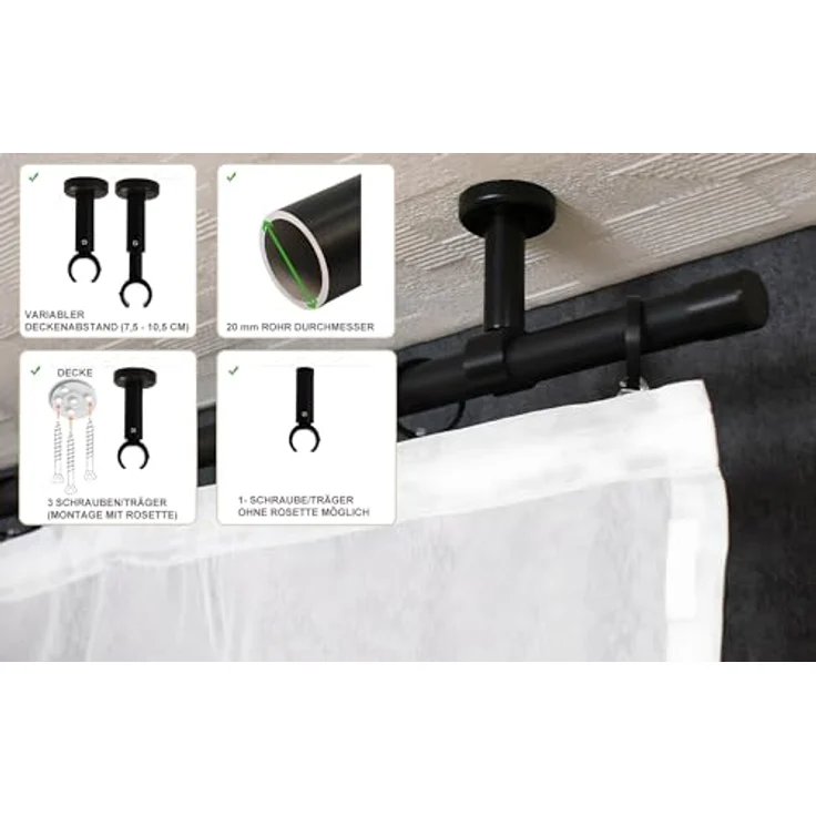 iso-design Gardinenstange Set zur Montage an der Decke mit 20 mm Durchmesser 1-läufig, Ø 20 mm, 1-läufig, Deckenmontage, geschraubt, Aluminium, Variabler Deckenabstand – Bild 3