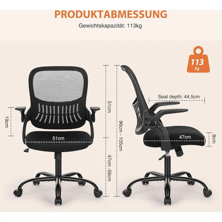 Sweetcrispy Bürostuhl mit Verstellbaren Armlehnen, Ergonomischer Schreibtischstuhl mit Lendenwirbelstütze, Höhenverstellbar, 360° Drehstuhl Gepolstertem Sitzkissen für das Büro Arbeitszimmer, Schwarz – Bild 3