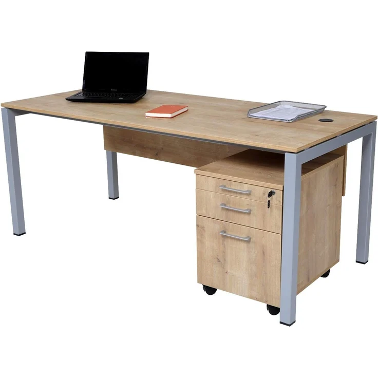 Schreibtisch Set Tetra, 180 cm, Saphir Eiche Dekor/silber, inkl. Schreibtisch, Rollcontainer mit 3 Schüben, Aktenschrank – Bild 2