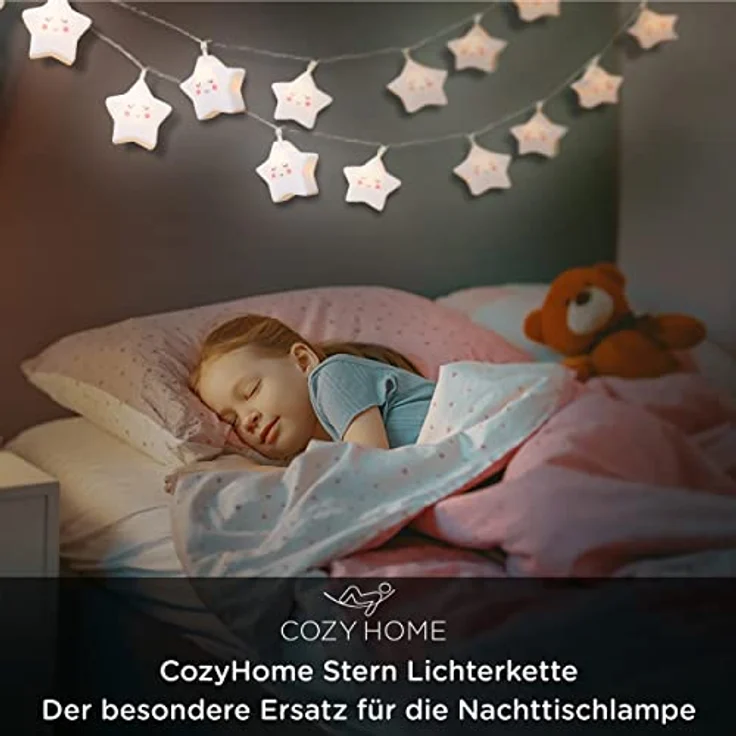 COZY HOME LED-Lichterkette Sternen Batterie und Stecker, 20 LED I 5m I Warmweiße LED-Stern Lichterkette I Kinderbett Bunt Deko – Bild 7