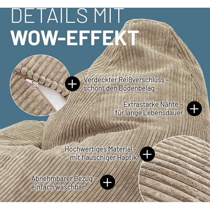 Lumaland 'GIANT' Sitzsack, Stabile Lehne, verdeckter Reißverschluss, Cord Beige, 100 x 132 x 96 cm – Bild 5