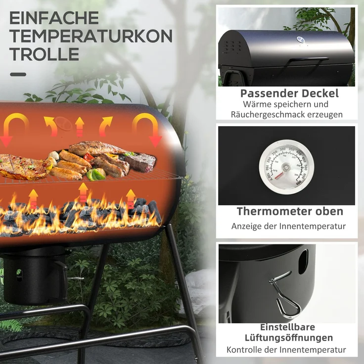 JARDJ Holzkohlegrill aus Metall BBQ Smoker mit Deckel Thermometer Räder Grillwagen 95x71,5x102 cm Schwarz – Bild 7