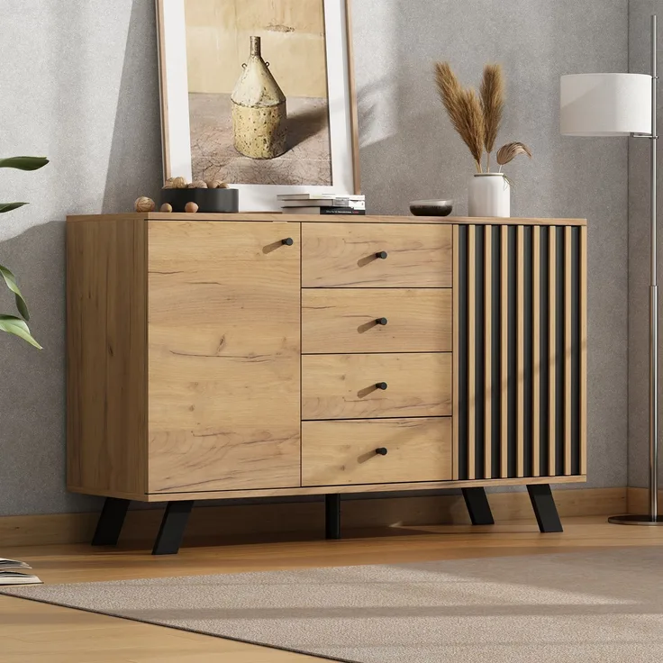 Merax Wohnzimmer Sideboard, Hohldesign Schrank mit 4 Schubladen, eistelltisch mit 2 Schränken, Kommode, Wohnzimmerschrank mit 5 Massivholzbeinen, Holzfarbe