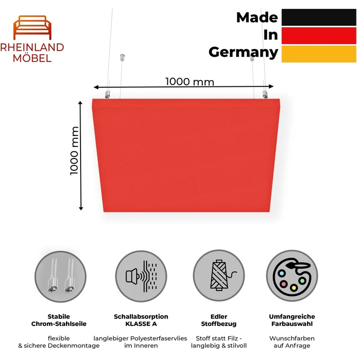 Rheinland Möbel FocusWall DAQ1010 – Quadratischer Akustik-Deckenabsorber 100×100 cm in Stofffarbe Tortuga inkl. Chrom-Stahlseilen - Made in Germany - Klasse A, Stoffbezug, schwer entflammbar – Bild 2
