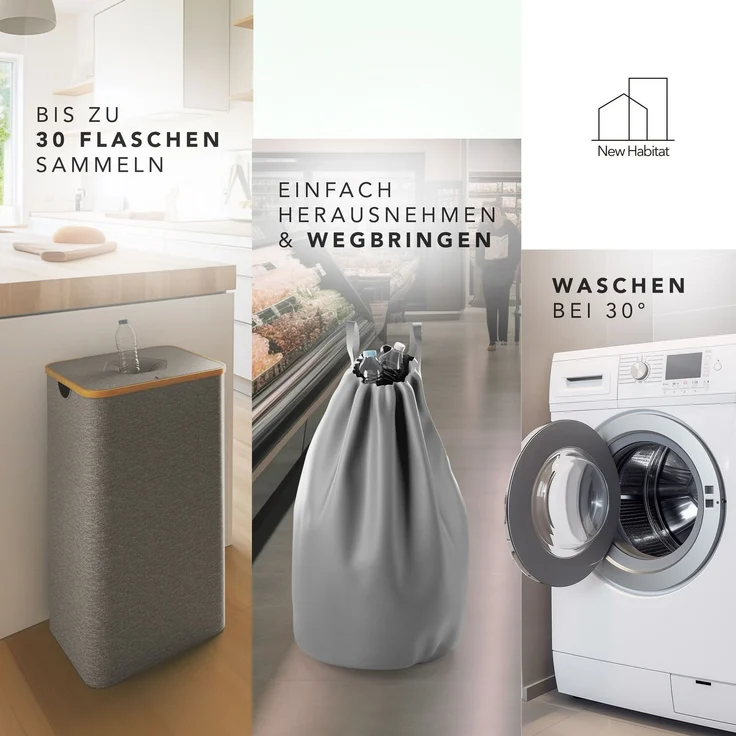 NewHabitat Pfandflaschen Sammelbehälter 70 × 40 × 33 cm – 100 L Recyclingbehälter mit Bambusdeckel & waschbarer Tragetasche für 30–40 Flaschen, Grau – Bild 5