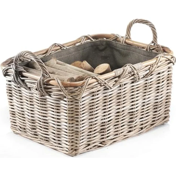 Kobolo Kaminholzkorb Holzkorb Feuerholzkorb, Rattan grau mit Griffen und Leinen, Brennhol (Stück, Stück), 56Lx41x29/36cm – Bild 2