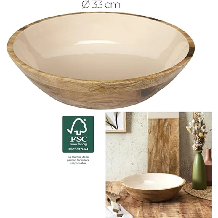 HOME DECO FACTORY, KA0572, Dune Uni Mango Wood Salad Bowl, elegant and Natural Design, ideal for Salads and Various Dishes, Easy to Maintain, Diameter 33 cm, beige Brown Color – Bild 2