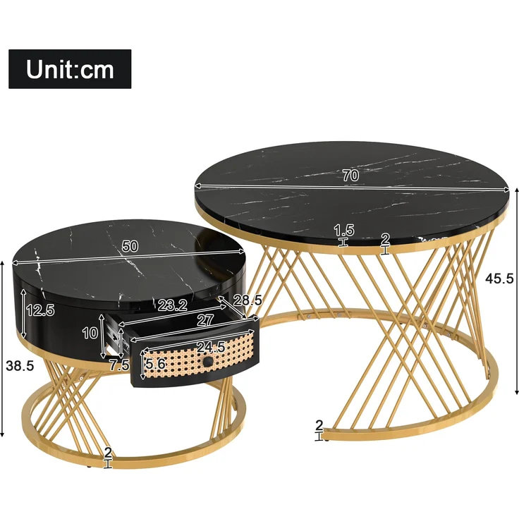 2-in-1 Couchtisch-Set rund mit Marmorplatte & Rattan-Schublade in Schwarz/Gold - 70x70x45,5 + 50x50x38,5 cm – Bild 6