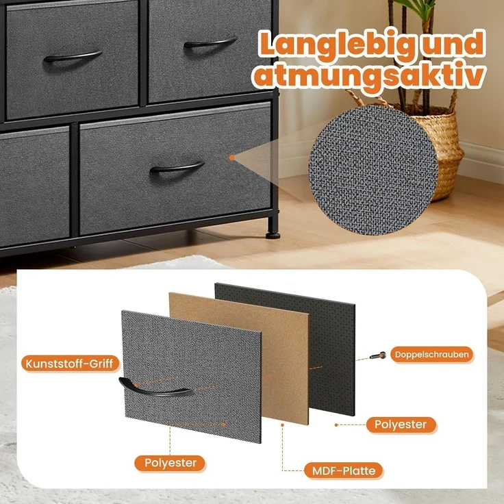 Sweetcrispy Kommode,Sideboard Wohnzimmer für Schlafzimmer mit 5 Stoffschubladen,Einstellbare Füße Schubladenschrank,Komodenschrank für Schlafzimmer,Modernes Grau – Bild 6