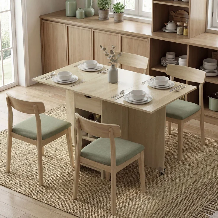 Wohnora-Klappbarer Esstisch für 2-4 Personen, Rollbarer Tisch mit offenem Fach und Schublade, ideal für kleine Räume, Natur,H 750cm x T 1145cm x B 700cm,Naturholz – Bild 4