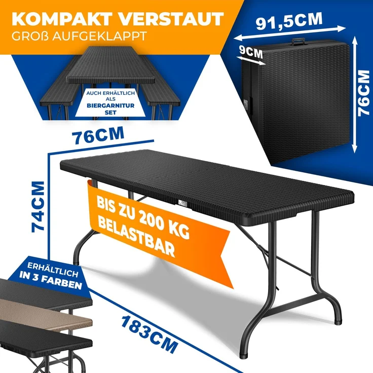 KESSER® Buffettisch Tisch klappbar Kunststoff 183x76 cm Rattan Optik Campingtisch Partytisch Klapptisch Gartentisch für Garten Terrasse und Balkon zusammenklappbar 6 Personen ink. Tragegriff Schwarz – Bild 2
