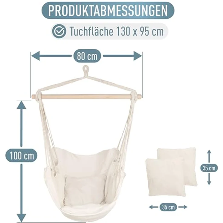 ib style Hängematte Kalea Hängesessel Cappuccino, Hängestuhl mit 2 Kissen und Zubehör - bis 120kg belastbar – Bild 6