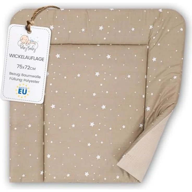 Wickelauflage Wickelunterlage aus Baumwolle 75x72 cm - Weich und waschbar Wickelunterlage für Babys Wickelmatte aus Stoff für Wickeltisch Wickelkommode oder Waschmaschine 75x72 Beige mit Weiß Sternen – Bild 2