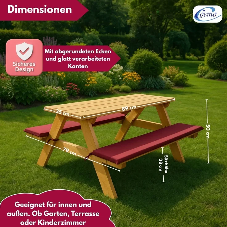 Coemo Kinder-Sitzgruppe Natur Picknicktisch mit Polster Spieltisch Gartentisch Holz – Bild 5