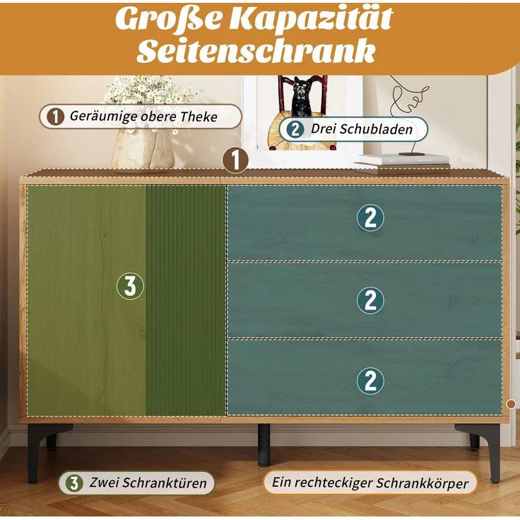 Sideboard aus Spanplatte mit Tür & 3 Schubladen, 120x35x76 cm, Natur/Schwarz – Bild 4