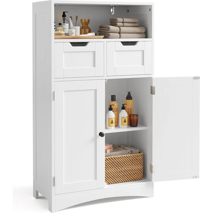 Bealife Badezimmerschrank mit 2 Schubladen, verstellbares Regal, multifunktional, für Badezimmer, Schlafzimmer, Flur (weiß, 60 x 30 x 108 cm) (weiß)