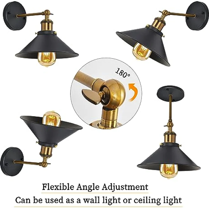 Comely 2 Stück Vintage Wandlampe, Schwarze Wandleuchte Industrial Design, 180° Verstellbare Wandlampe E27 max. 40W Deckenspots Innen für Wohnzimmer Schlafzimmer Büro Küche Flur – Bild 3